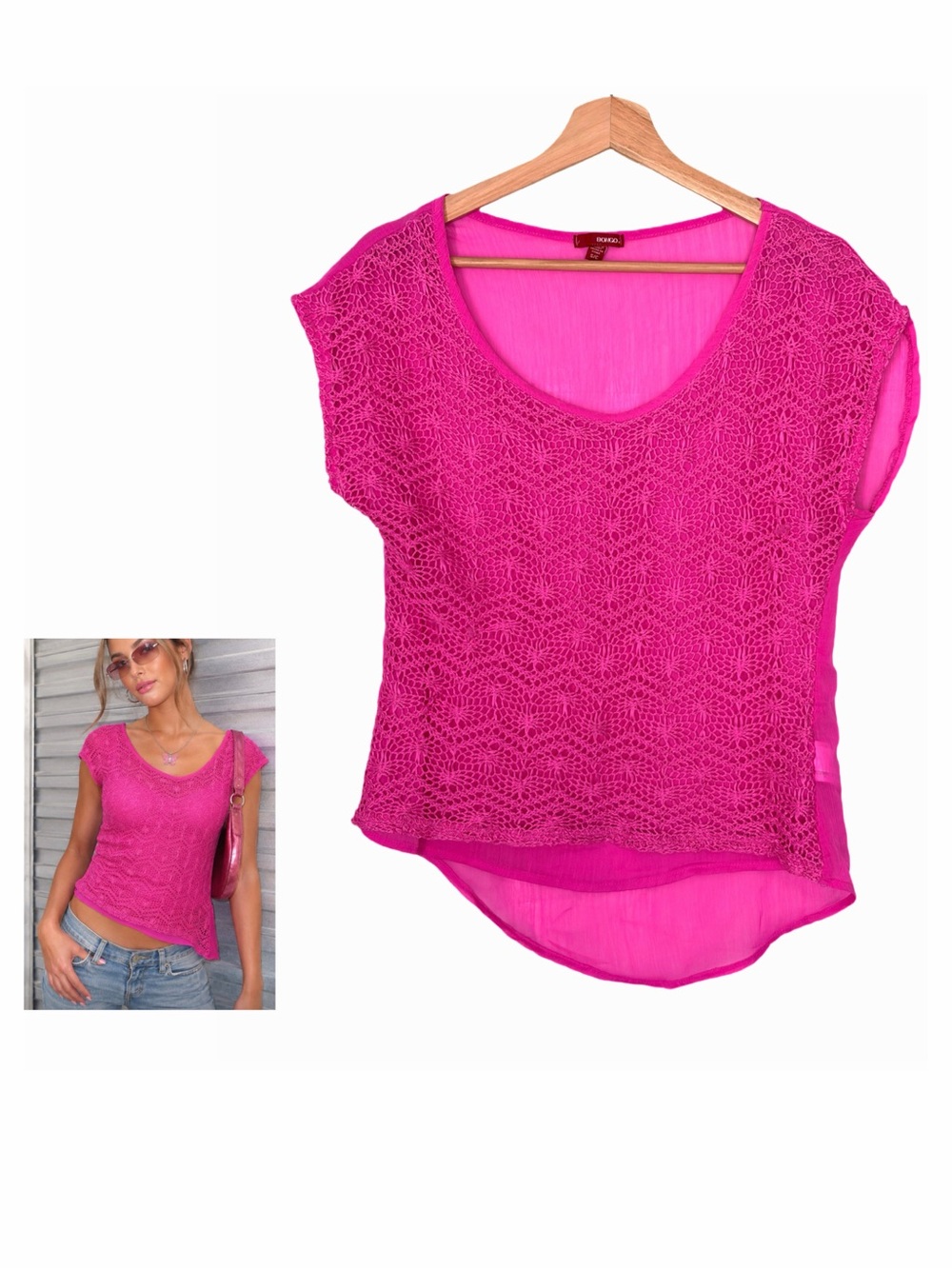 Bongo Y2K Hot Pink Crochet Front Cap Sleeve Top Size Small